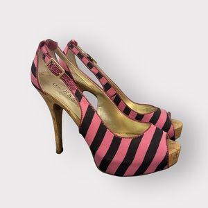 Y2K GUESS Barbie Pink & Black, Striped, Canvas, cork, Slingback, Stiletto Heels